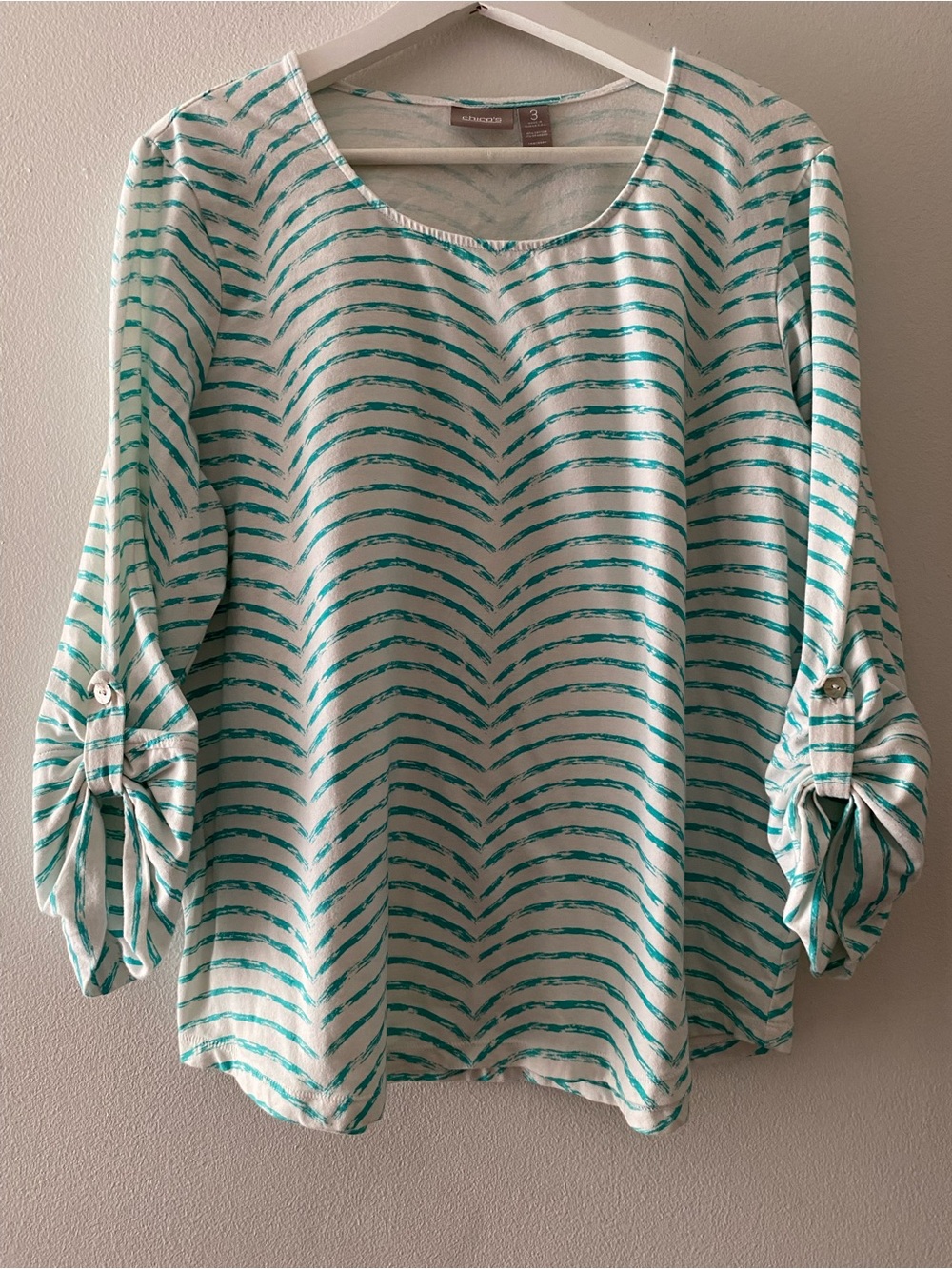 Chico’s white and Teal Striped Roll-Tab Sleeve Top 3/4 Sleeves